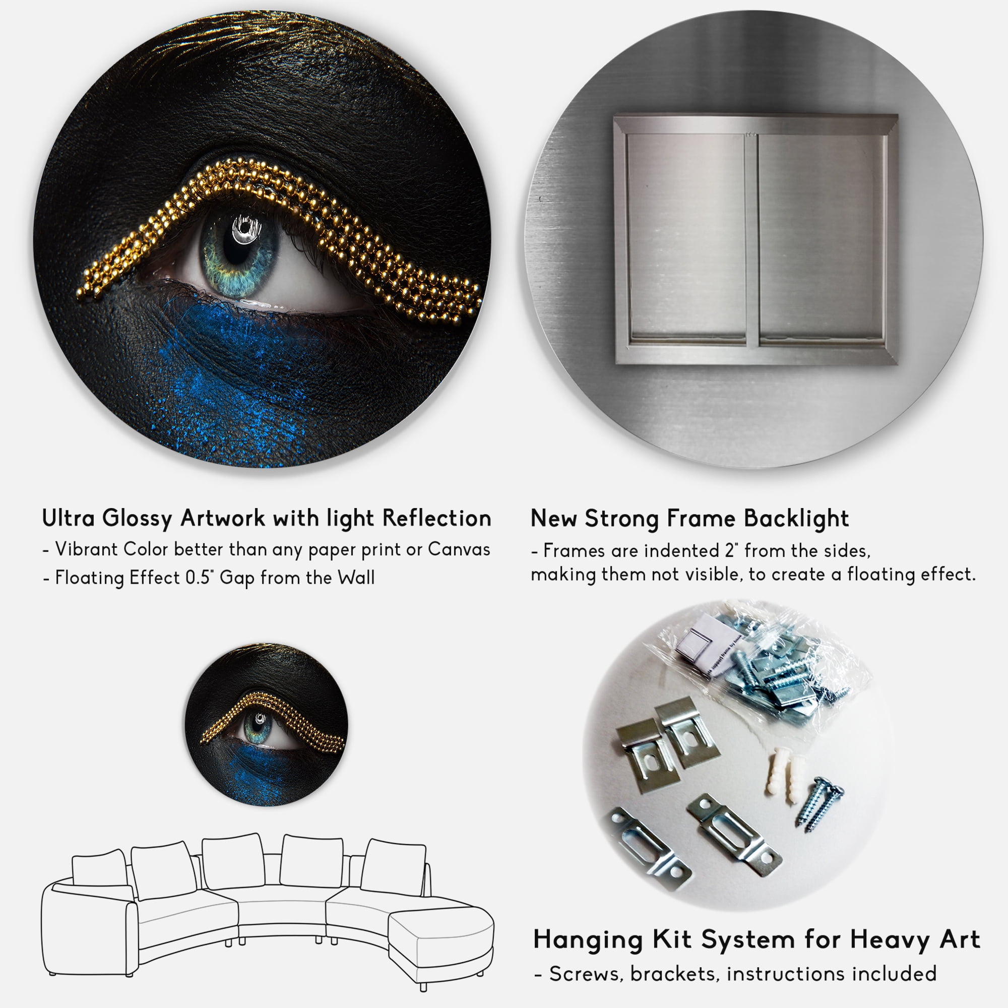 Designart 'Woman Eyes With Black Skin With A Gold Chain' Modern Circle Metal Wall Art 36x36 - Disc of 36