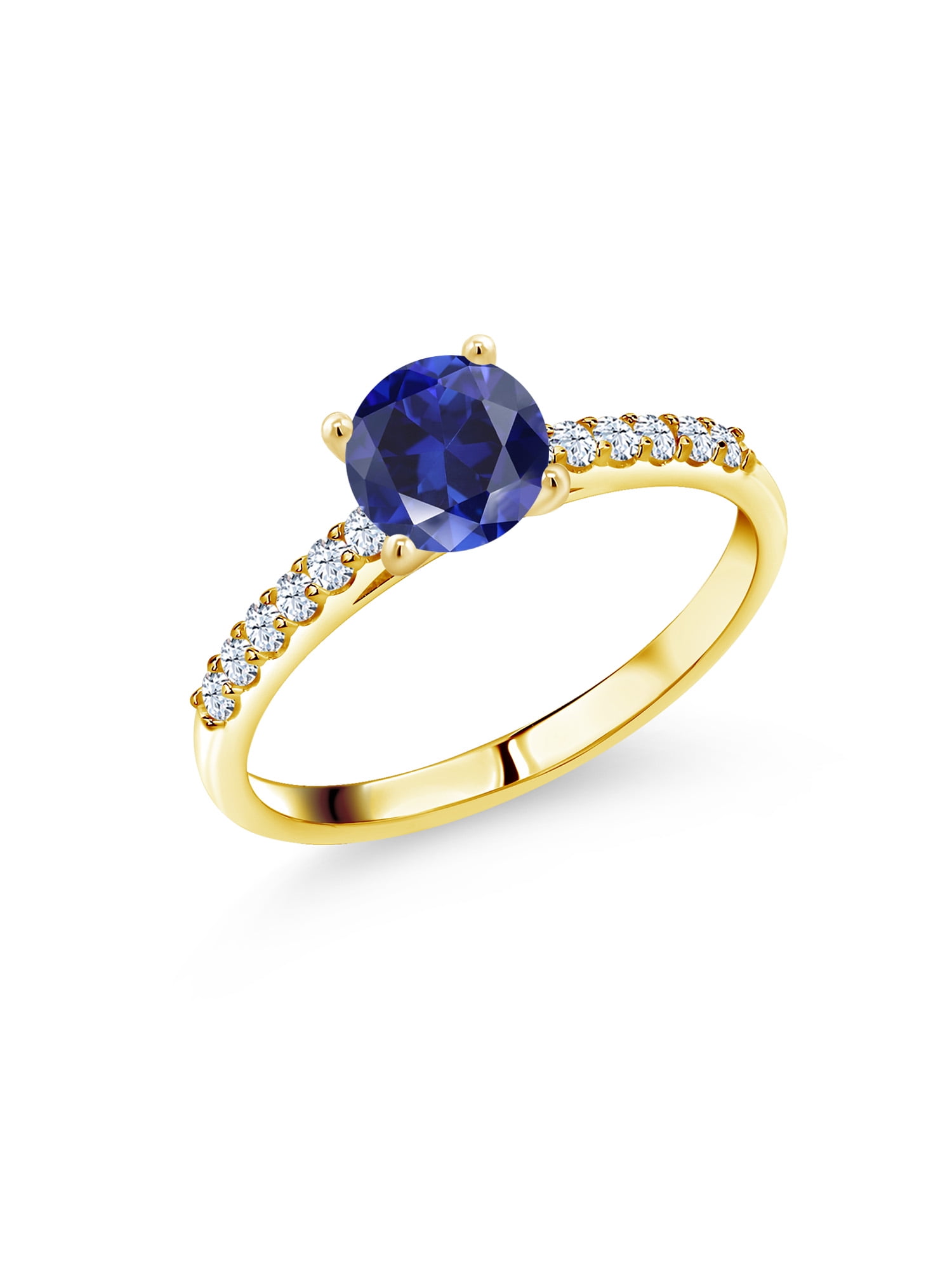 Gem Stone King 1.18 Ct 6mm Round Blue Created Sapphire White Created  Sapphire 10K Yellow Gold Ring
