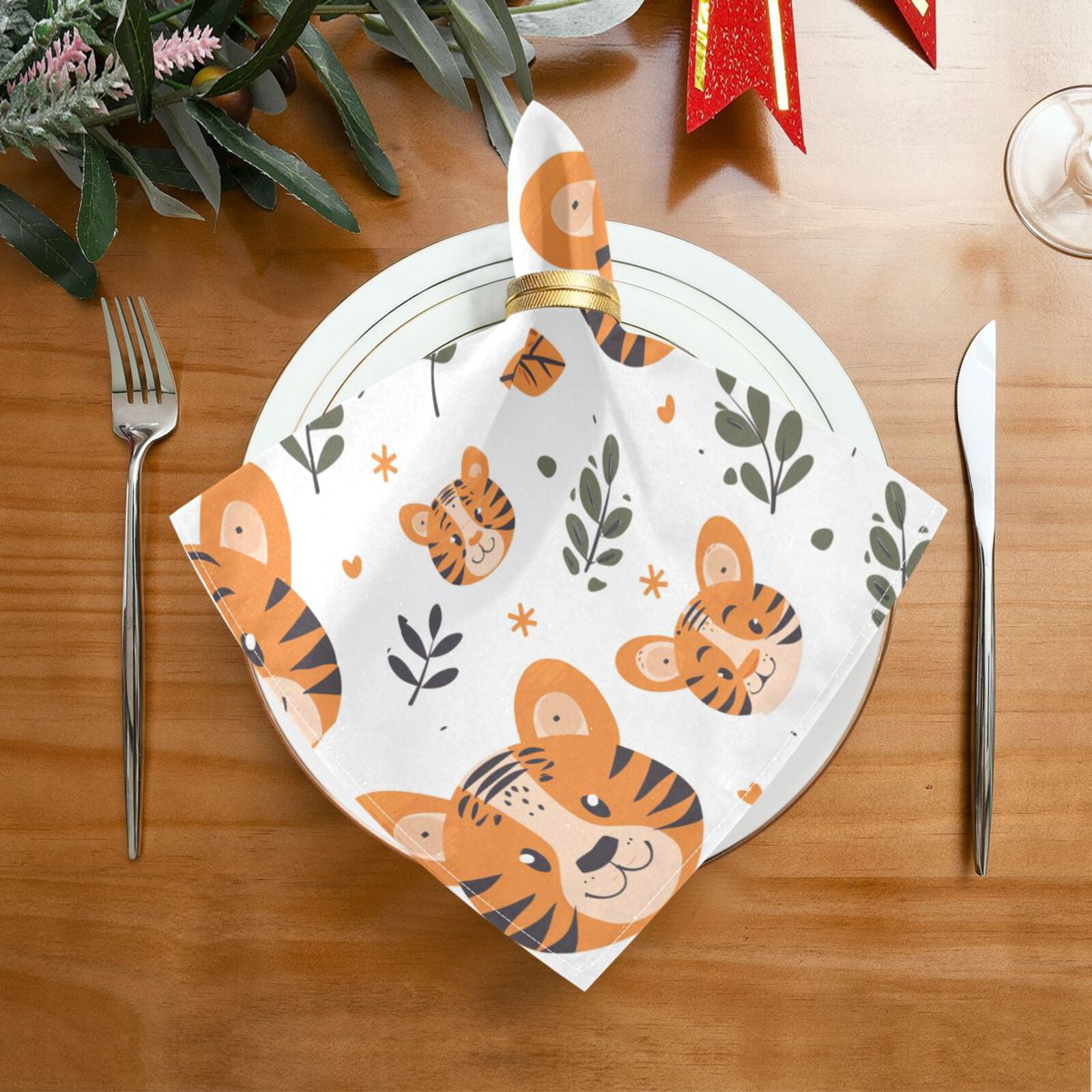 JSTEL Cute Tiger Leaves Cartoon Cloth Napkins Set of 6, 20x20 Inch Washable and Reusable Napkin for Decoupage Dinner Party Everyday Use
