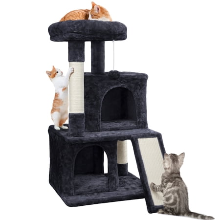 Easyfashion Multilevel Plush Cat Tree with Double Condos and Furry Ball for Cats  Kittens  Black
