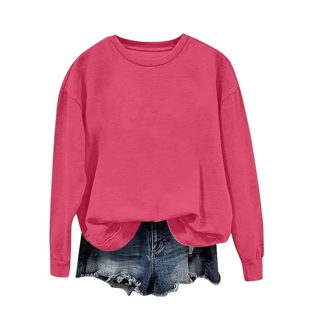GreatBaby Chandail en Molleton à la Mode pour Femmes Décontracté Couleur Unie Manches Longues Col Rond Blouses Automne Hiver Intérieur Quotidien Bureau (Rose Vif1,2TG)