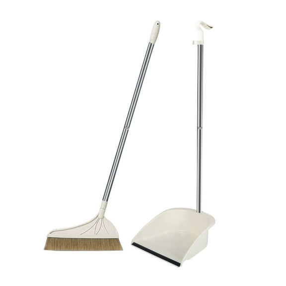 Broom and Dustpan Set with Long Handle, Upright Standing Design, Indoor Outdoor Cleaning Combo, Khaki (A)