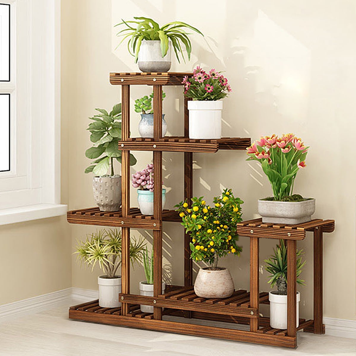 6 Tier 38 Inch Stable Wooden Frame Plant Stand，Flower Pot