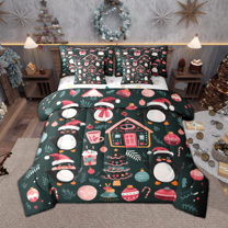 Manfei Christmas Hat Bedding Comforter Set 7-Piece for Kids, Merry Xmas Gifts Queen Bedding Sets, Dark Green Pink Queen Sheet Sets, Microfiber Bedroom Decor