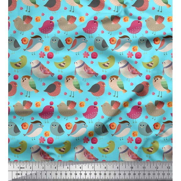 Soimoi Blue Georgette Viscose Fabric Floral & Birds Clip Art Fabric Prints By Yard 42 Inch Wide