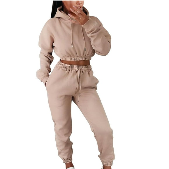 Mrat Womens Long Sleeve Cropped Hoodle Tops Sweatshirt Slim Leg Drawstring Pants with Pockets Sweatsuit Set S-79 Beige XXL