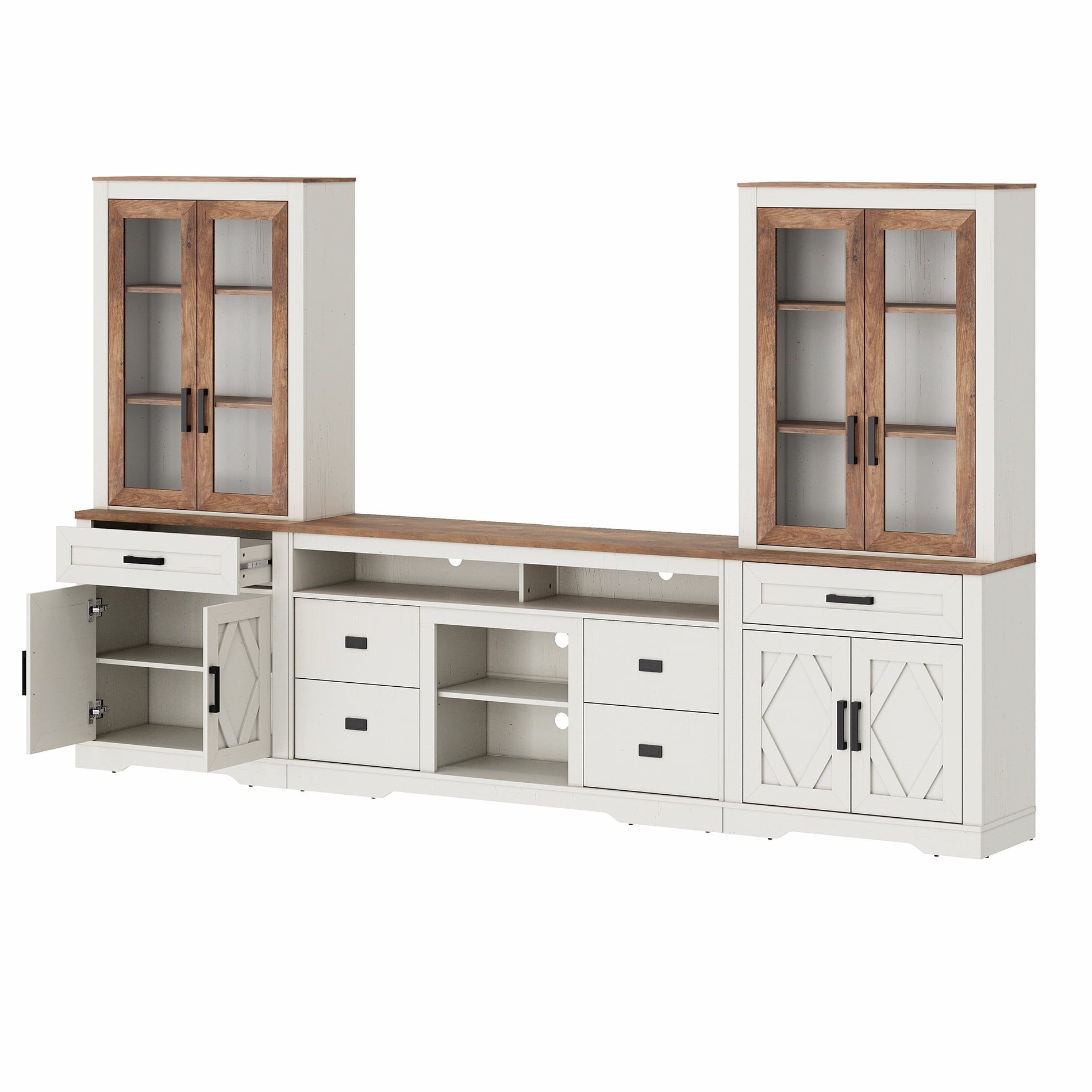 WAMPAT Farmhouse Entertainment Center with Bookshelf for TVs up to 65",Mid Century Modern TV Stand with 73"H Tall 5-Tier Bookcase with Open Storage and Barn Doors for Living Room,Bedroom,White Oak
