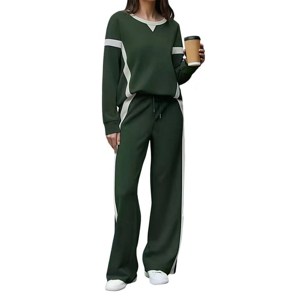 Women's 2 Piece Lounge Set Tracksuit Color Block Pullover Wide Leg Pants Sweatsuit Matching Dark Green XXL