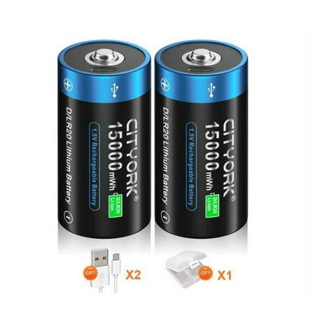 Image of 2 Pack 15000mWh 1.5V USB Lithium High Capacity D Size Rechargeable Batteries with 1 Pack Battery Case