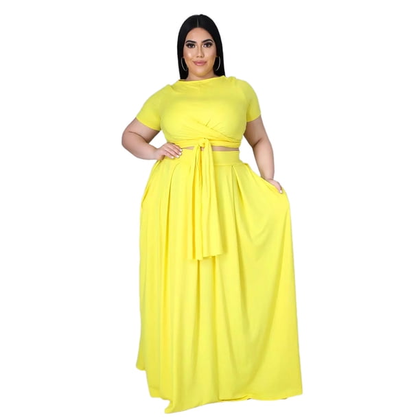 Traje de dos piezas con falda ancha y tirantes cruzados de color liso para mujer de talla grande a la moda