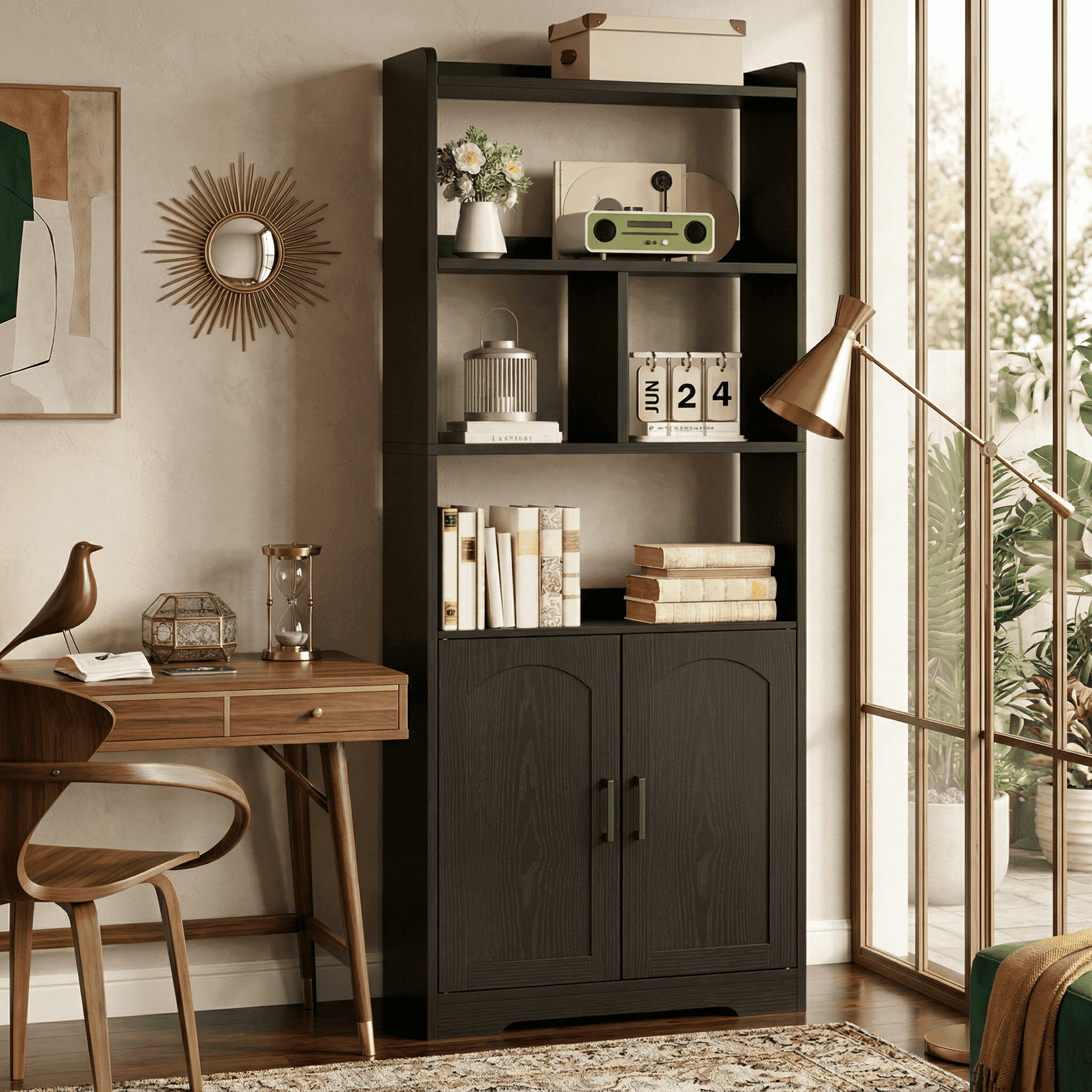 LIKIMIO Freestanding 63" Tall Bookcase, Wood Display Storage Cabinet with Closed Doors & Open Shelves for Living Room, Home Office & Bedroom, Black