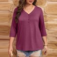 thumbnail image 6 of Pincandy Women Plus Size Neck 3/4 Sleeve Casual Tshirts Loose Basic Tunic Tees Shirts Dressy Casual Henley V-Neck Summer Tops Pleated T-Shirts Loose Fit Tunic Blouses,Purple,XL, 6 of 7