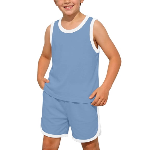 Zpanxa Boys Summer Outfits Kids Summer Solid Color Round Neck Sleeveless Top and Shorts Two Piece Outfit Blue 10 Years