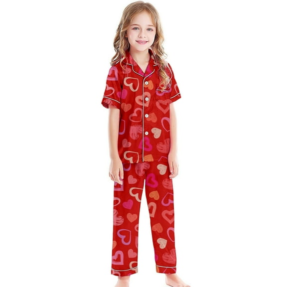 Girls Pajamas 3Pcs Satin Button Down Pjs Short Sleeve Top Shorts & Long Pants Cute Patterns Valentine's Day Pajama Outfit with Pockets Silky Nightwear Nighty for Teens