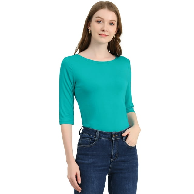 INSPIRE CHIC T-Shirt Classique Ajusté à Manches au Coude à Encolure Bateau pour Femmes