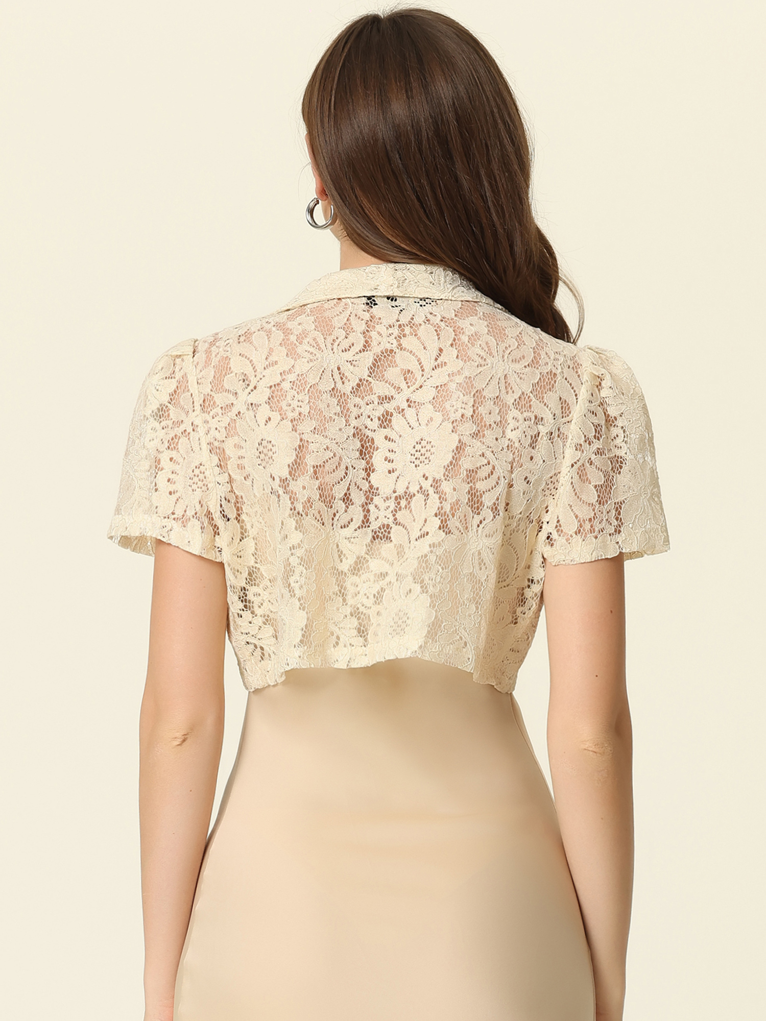 Unique Bargains Floral Lace Shrug for Women's Lapel Collar Short Sleeves Bolero Cardigan S Beige