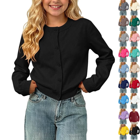 Husipze Girls Boys Button Front Cardigan Soft Lightweight Solid Long Sleeve Knit Crewneck Fall Sweater Casual Layering School Tops Black 1-2 Years