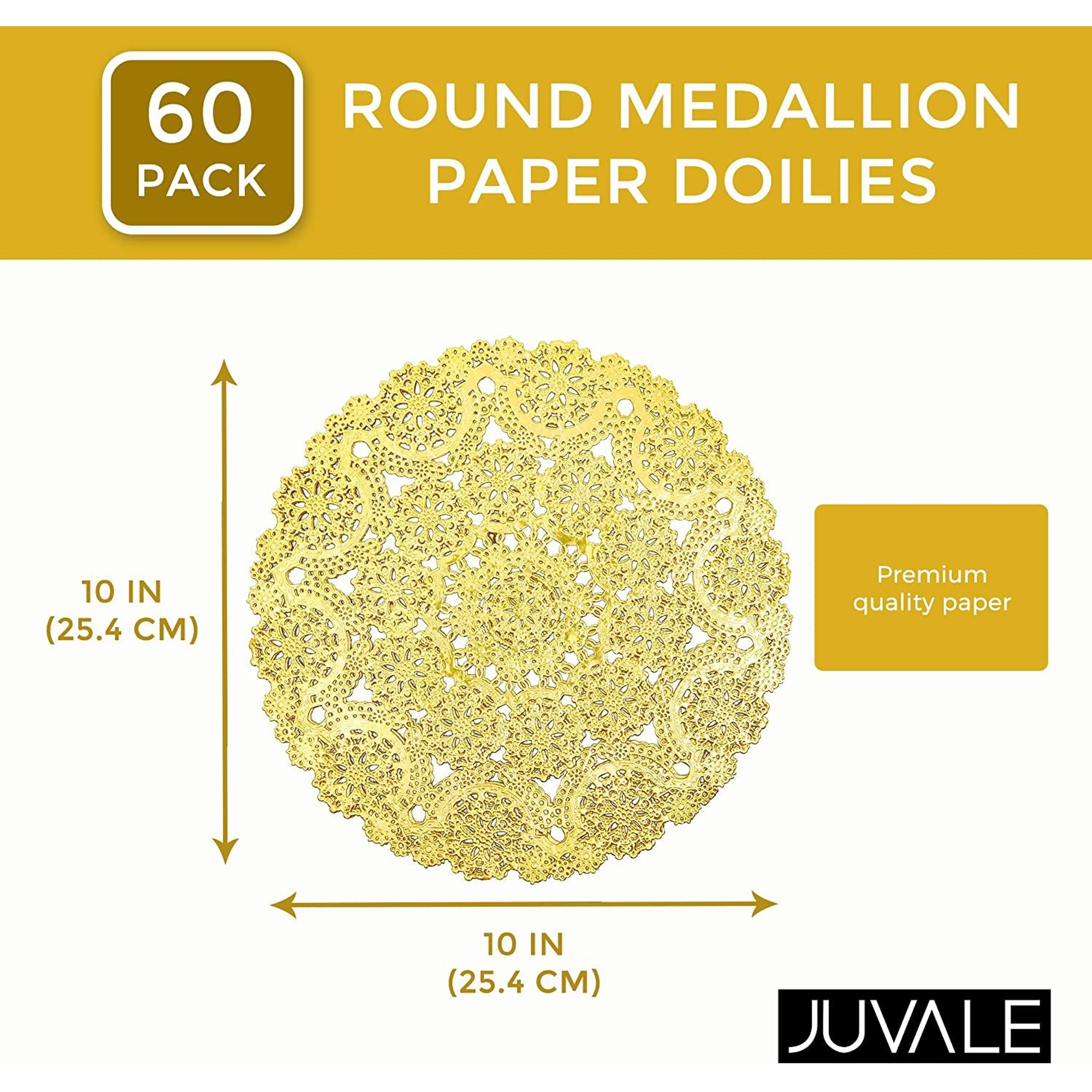 60 Pack 10 Inch Gold Paper Doilies for Dining Table, Round Decorative Medallion Lace Placemats for Wedding
