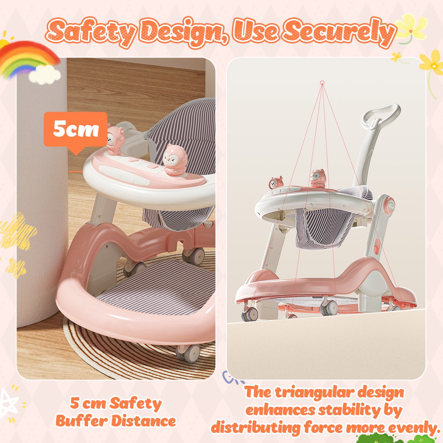 WonderStone 5 in 1 Baby Walker, Foldable Push Walker with Wheels, Music & Light, Baby Bouncer, Baby Activity Center for Boy Girl 6-12 Months (Pink)