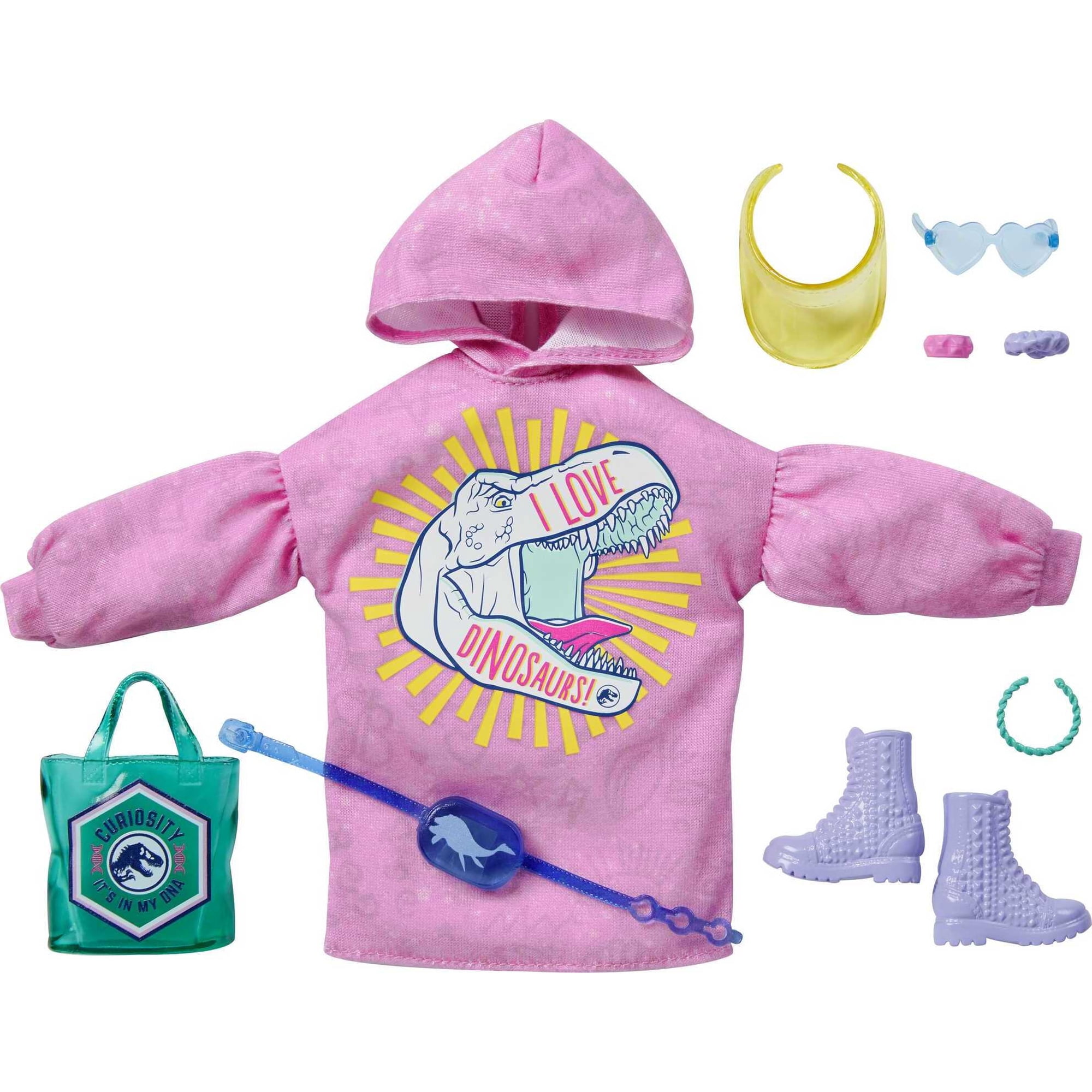 Barbie Jurassic World Fashion Pack, 10-Piece Set with Clothes & Accessories for Dolls, Hoodie Dress