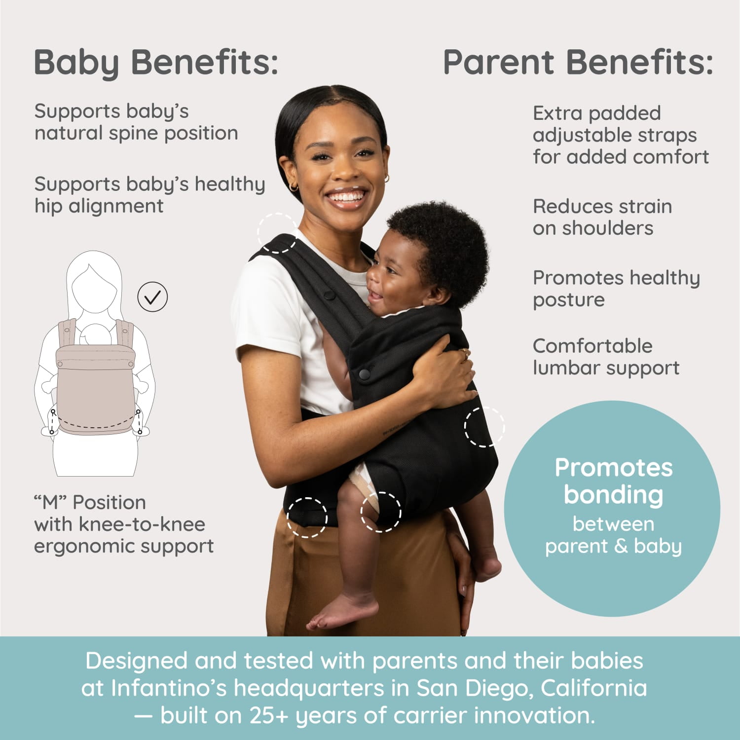 Infantino Honey Blossom Baby Carrier, Ergonomic Carrier, Adjustable Seat, Infant to Toddler 7–40 lbs, Unisex, Black Sand