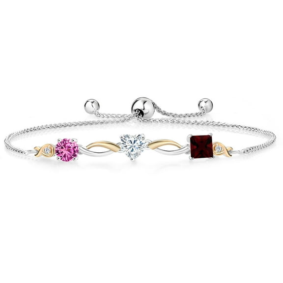 Gem Stone King 925 Silver and 10K Yellow Gold Pink Created Sapphire Moissanite Red Garnet and Lab Grown Diamond Tennis Bracelet for Women By Keren Hanan (2.27 cttw, Adjustable up To 9 inch)
