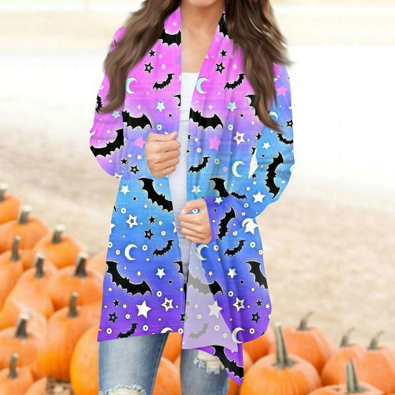 New Arrival WEANT Womens Ugly Halloween Sweater Plus Size Women S Casual Bat Print Lightweight Mid Length Long Sleeve Cardigans Dark Purple 2XL Walmart