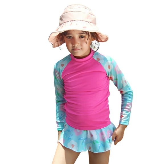 Mercatoo 2Pcs Toddler Girls Rashguard Swimsuit Set Long Sleeves Ruffle Breathable Tankini Girls Summer Beach Swimwear