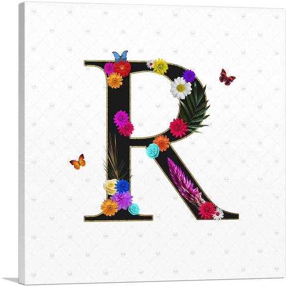 ARTCANVAS Flower Plant Butterfly Alphabet Letter R Canvas Art Print - Size: 12" x 12" (0.75" Deep)
