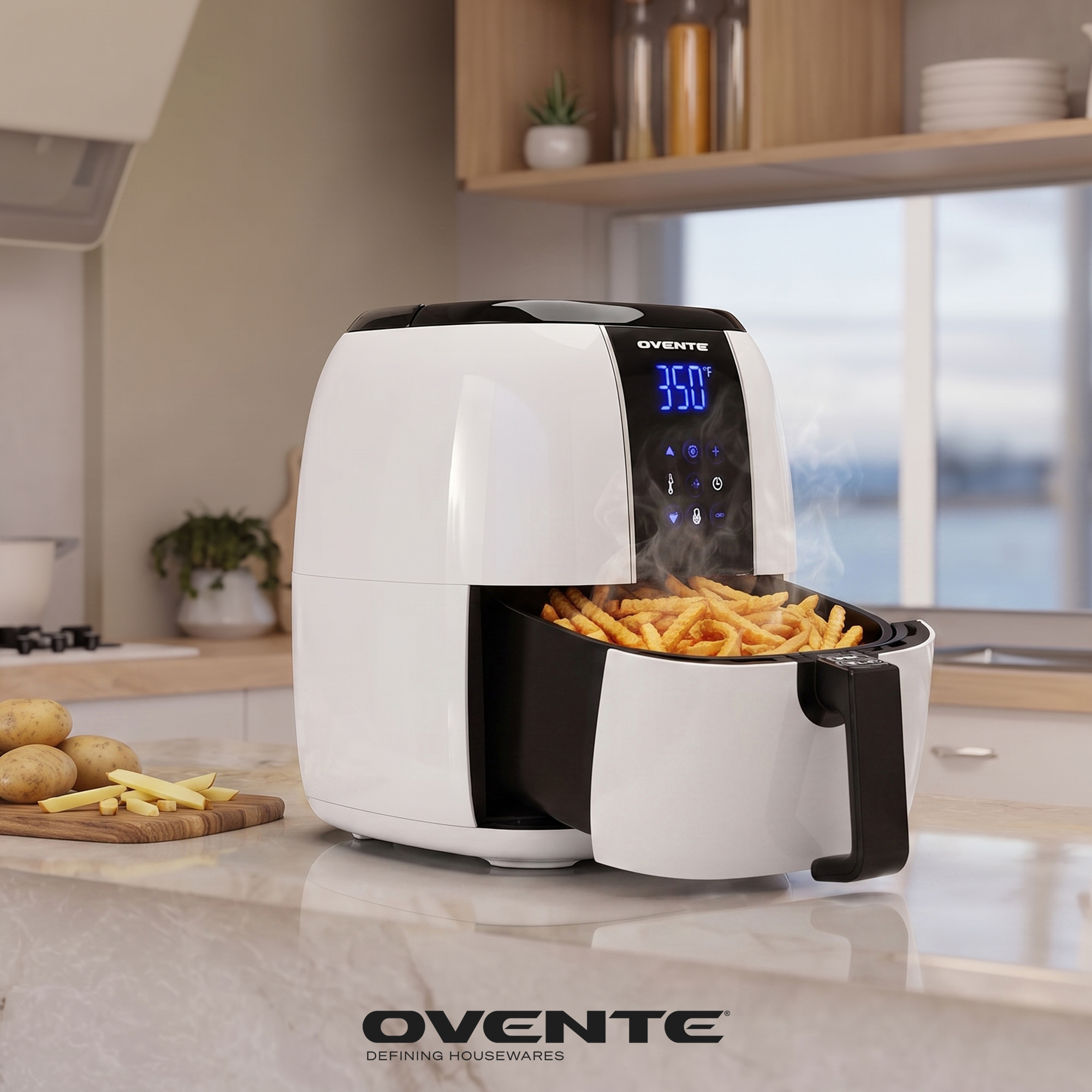 OVENTE 3.2 Qt Compact Digital Air Fryer, 1400W Power, White FAD61302W | Electric Hot Cooker, LED Touch Screen, Auto Shutoff, Dishwasher Safe Nonstick Basket, Perfect for Healthy Food