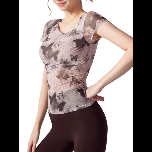 Blusas Ajustadas de Corta con Frunces y Estampado Floral de Cuello Asimétrico para Mujer Color Castaño XL