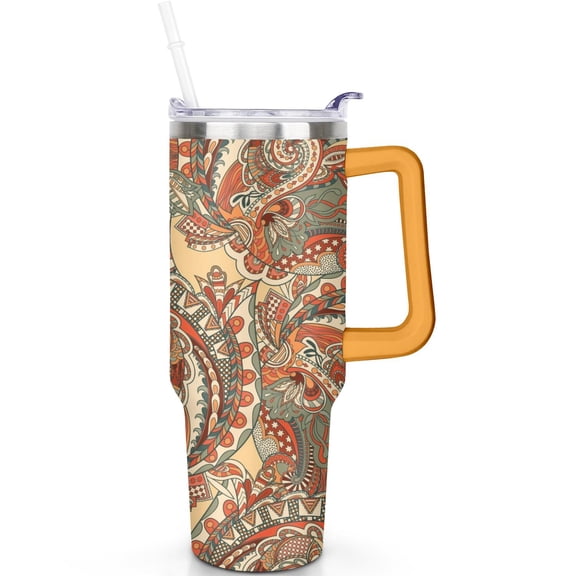 Must Have 40oz Paisley Stainless Steel Travel Tumbler with Handle, Leak Proof Vacuum Insulated Flip Straw Lid Gift for Him Her
