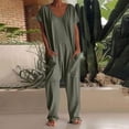 thumbnail image 2 of Harem Jumpsuits For Women Casual V Neck Short Sleeve Romper Baggy Loose Fit Wide Leg Overalls with Pockets One Piece Onesie, 2 of 7