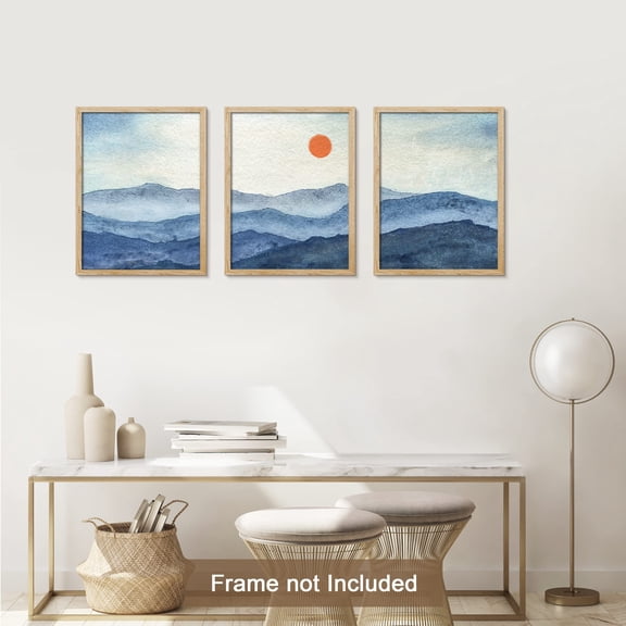 PixonSign Adhesive Canvas Print Wall Art Set - Blue Mountain Ranges Sunrise Landscape Posters - Set of 3 Boho Pastel Nature Wilderness Wall Décor for Living Room, Bedroom, Office - 8"x10"
