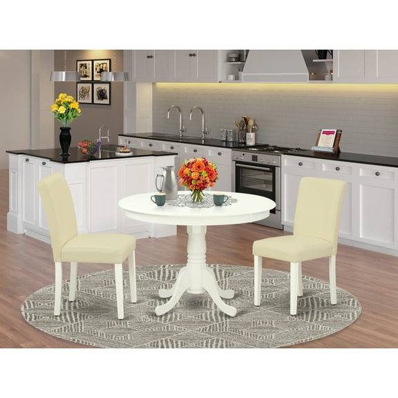 Kitchen Table Set 3 Piece - Round Dining Table & 2 Chairs - Small Space Dining Set - 42 Inch Linen White