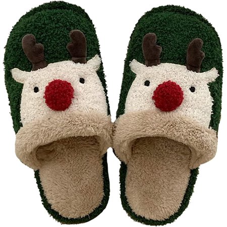 

PIKADINGNIS Women Fluffy Fur Cute Santa Deer Christmas Soft House Slippers Fashion Warm Fleece Lining Indoor Shoes Winter Outdoor