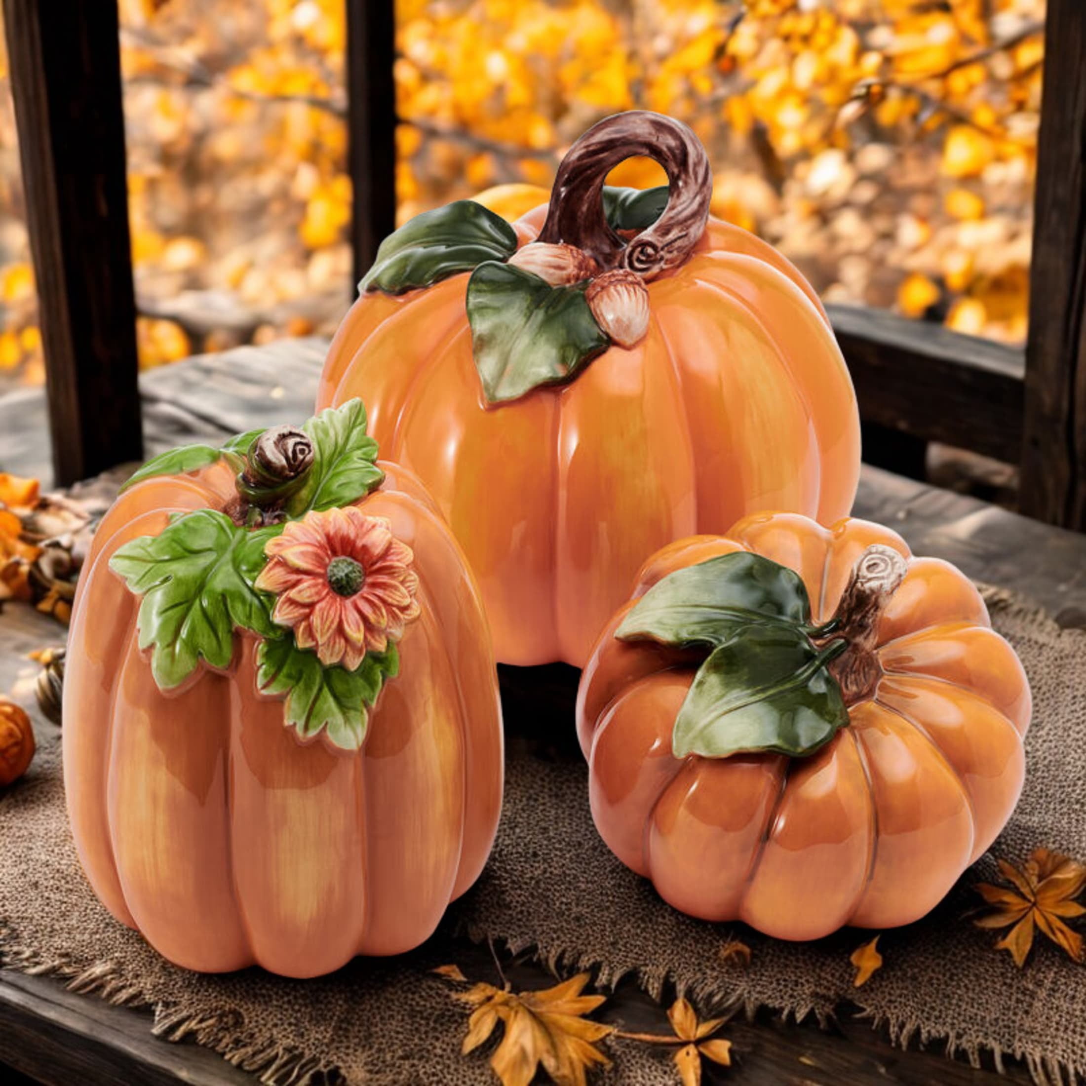 Fitz and Floyd Harvest Pumpkin Orange Earthenware Decorative Figurine (Set of 3)