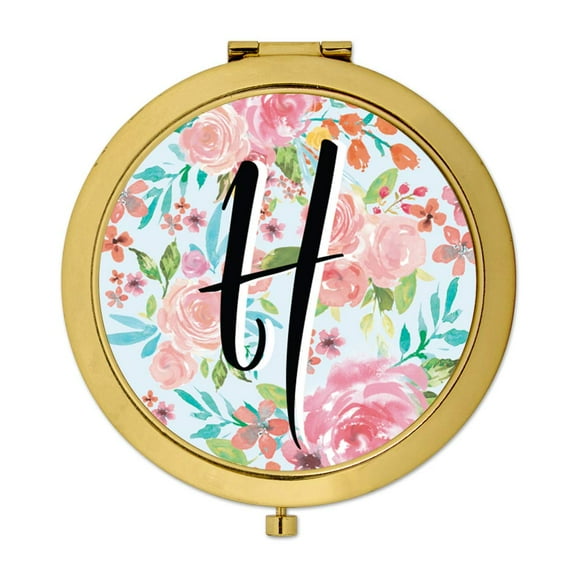 Koyal Wholesale Compact Mirror Bridesmaid's Wedding Gift, Gold, Monogram Letter H, Tea Party Pink Floral Flowers, 1-Pack