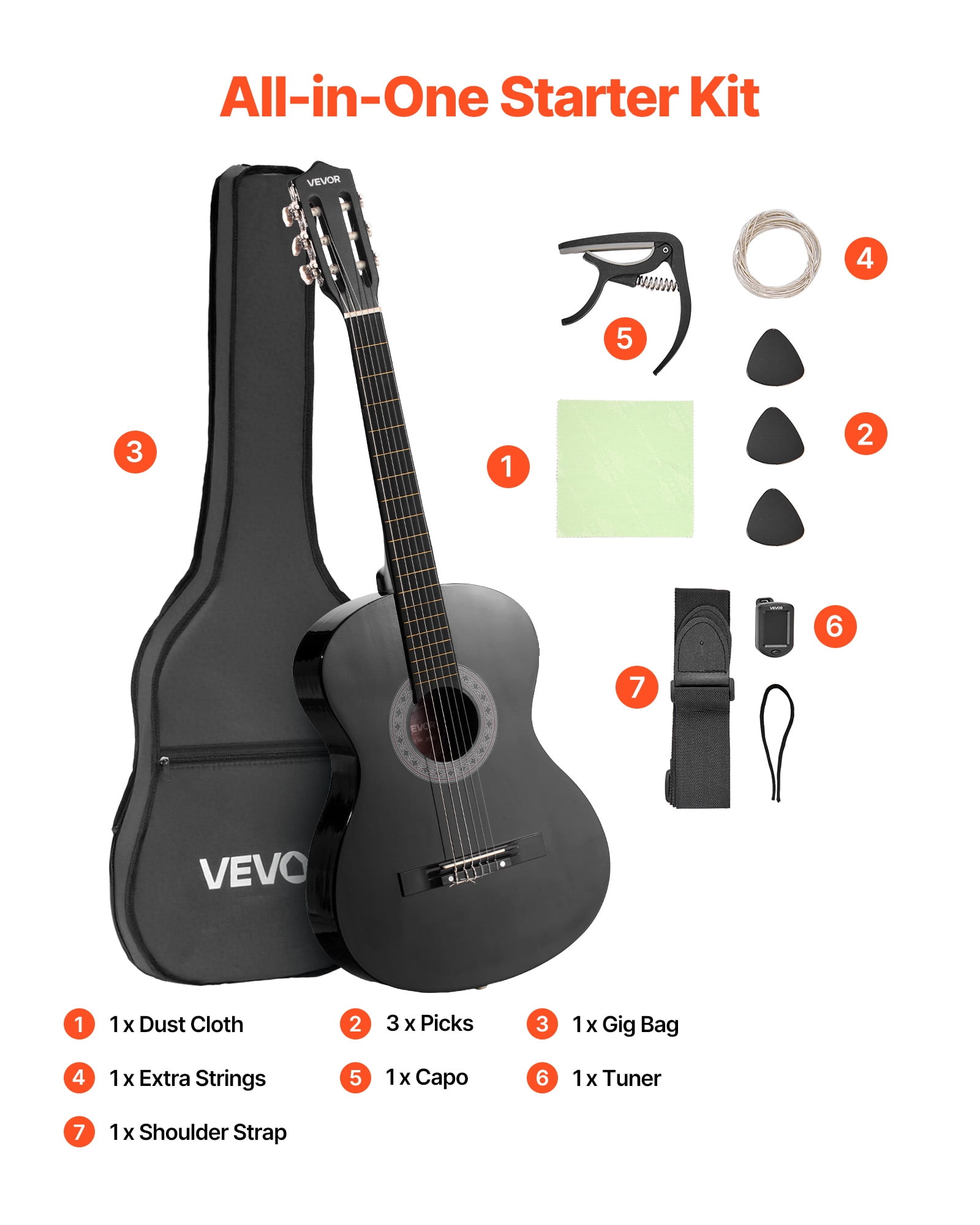 VEVOR 38in Classical Guitar, Wood Guitar Starter Kit for Beginners, with Nylon Strings, Gig Bag, Strap, Tuner, Extra Strings, Picks, Capo, Basswood,for Teenagers Adults Students, Black