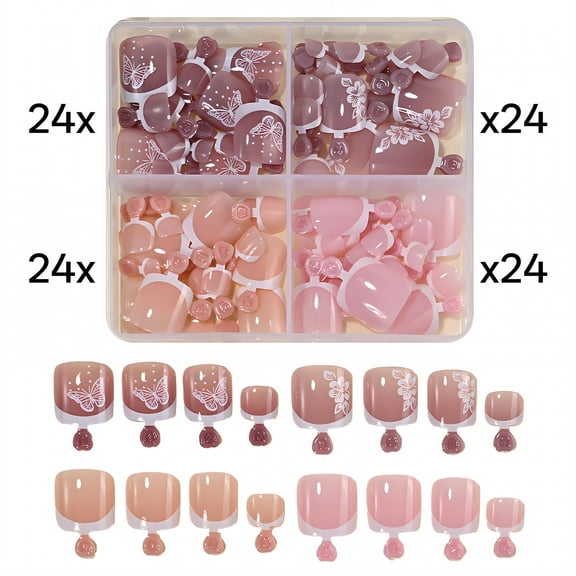 RAGUPEL 96Pcs Toe Press on Nails French Style Anti-Bend Surface Acrylic Nail Tips Hand-Painted Patterns Press on Toenails for Women as A Gift Style1