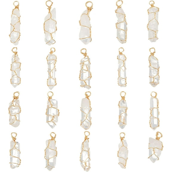 1 Box 20 Pcs Natural Quartz Crystal Pendant Gold Plated Wire Wrapped Quartz Clear Crystal Gemstone Pendant without Chain Irregularly Stones Pendant for Necklaces Earrings Jewelry Making
