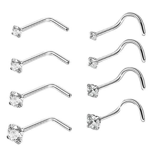 BAYAIXZ 8Pc Stainless Steel Nose Ring Nose Body Piercing Jewelry Diamond Nose Stud (Silver,One Size)