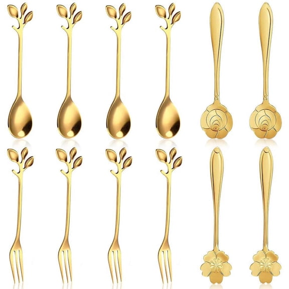 FULANDL 12PCS Stainless Steel Leaf-Pattern Coffee Spoon and Fork Set, Dessert Utensils and Stirring Spoons, Suitable for Coffee, Tea, and Cake