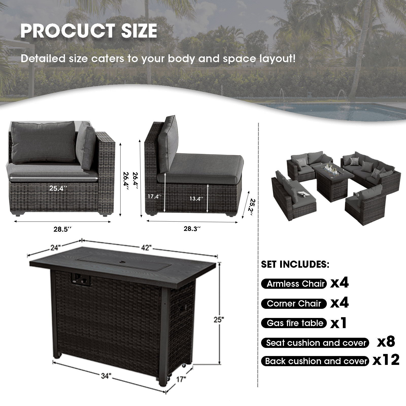 Grezone 9 Pieces Patio Furniture Set with Fire Pit Table, All Weather Outdoor Sectional PE Rattan, Patio Conversation Sets with Gas Fire Pit and Cushions for Garden Lawn Balcony Porch Deck, Grey