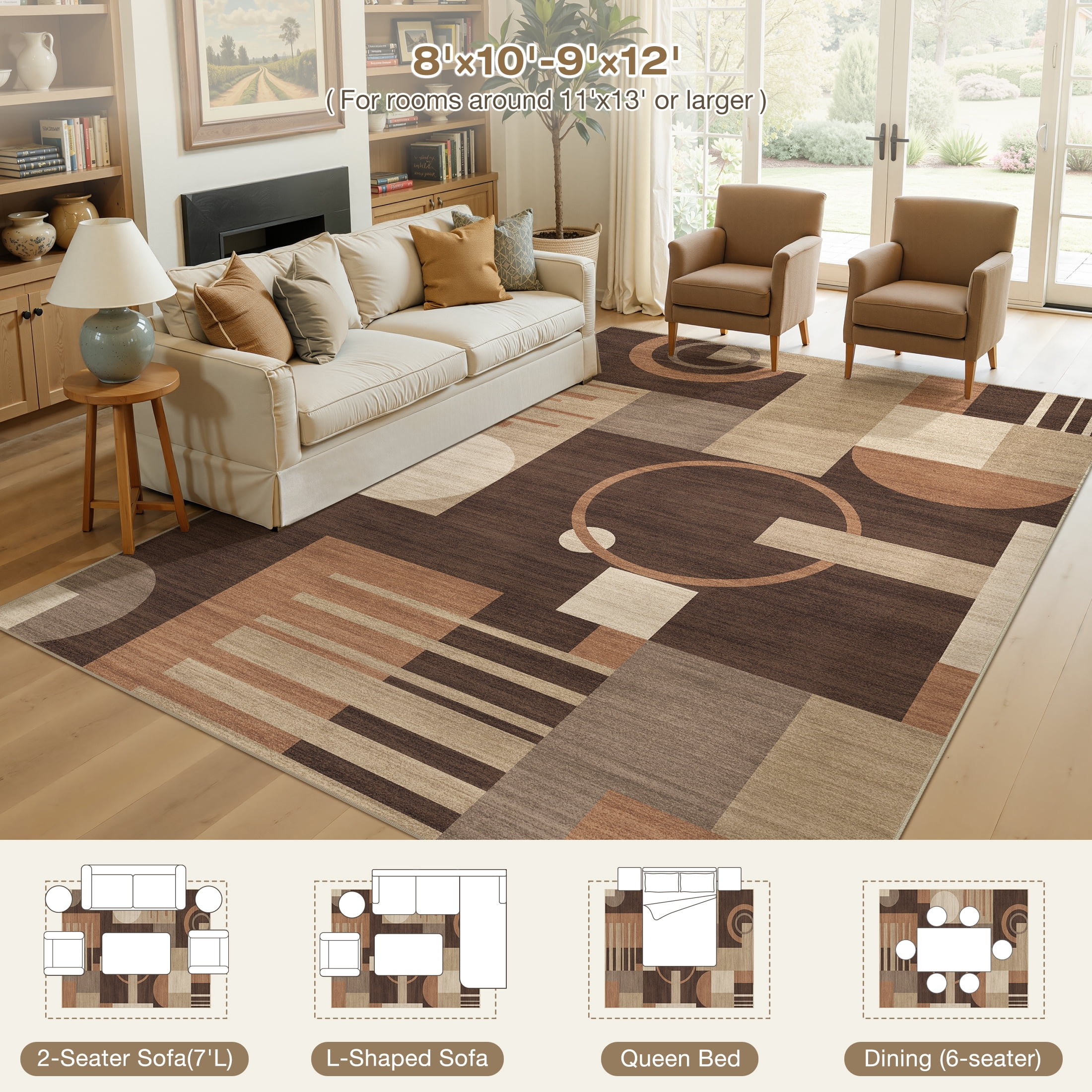 MICGEEK 8x10 Washable Area Rugs for Living Room, Modern Geometric Printed Rug, Vacuum-Friendly, Non Slip Indoor Rug for Bedroom Dining Room Home Decor Carpet, Brown/Beige