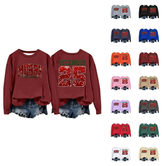 Merry Christmas December 25 Sweatshirts for Women 2025 Long Sleeve Crewneck Xmas Holiday Graphic Sweatshirt Pullover Tops