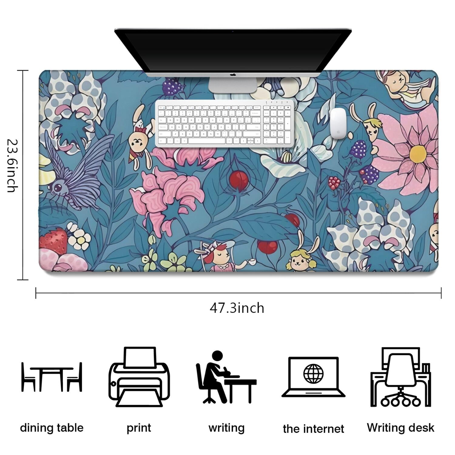 Long Mouse Pads for Desk,Pioneer Flower Floral Print Pattern Desk Mats on Top Of Desks, Desk Mouse Pad Extra Large with 3mm Non-Slip Base and Stitched Edge for Gaming,Office,Work,Home 47.3"x23.6"