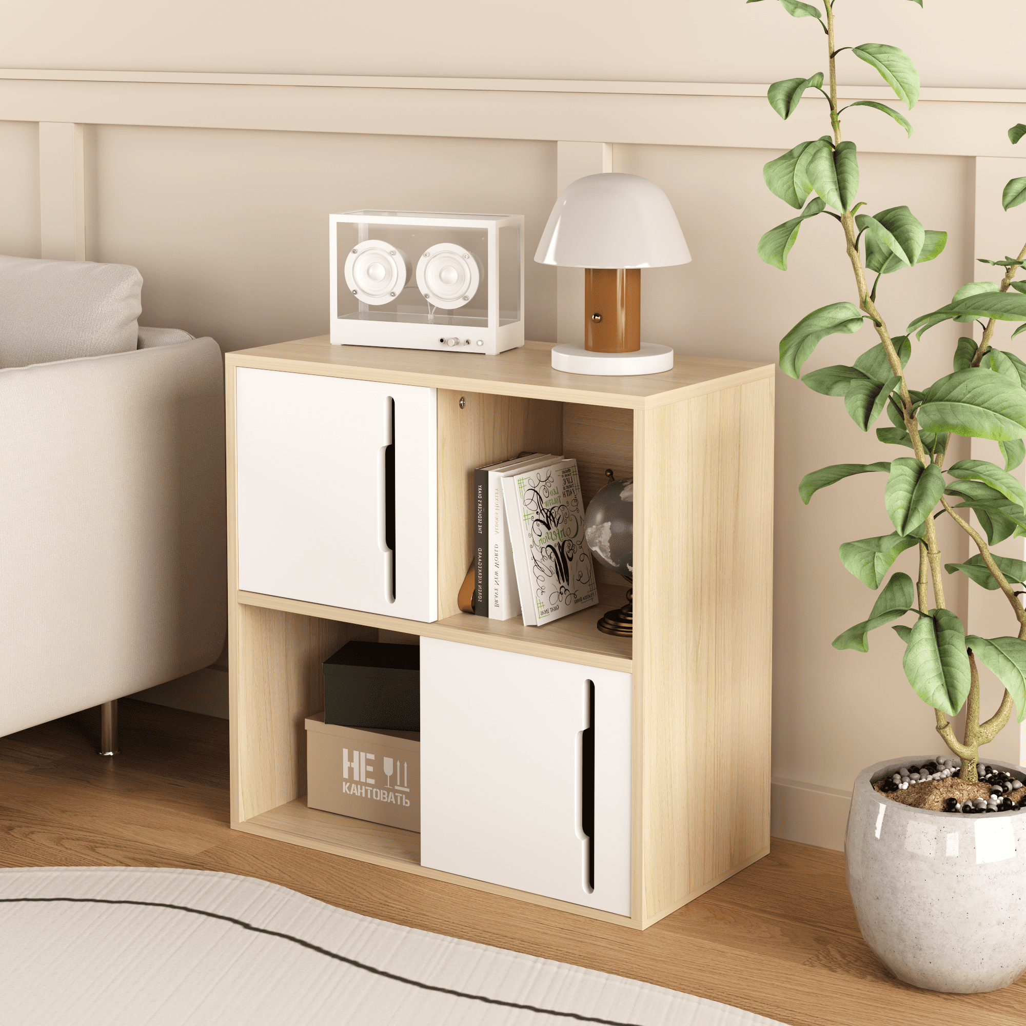 Yoneston Wooden Cube Storage Organizer with Doors, 2-Tier Open and Closed Shelves Bookshelf Cabinet for Living Room, Bedroom, Kids'Room, White