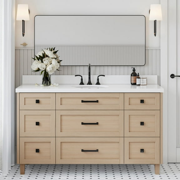 ARIEL Monroe 61 Inch Single Oval Sink Bathroom Vanity With Pure White Quartz Countertop 1.5 Inch Edge In Oak