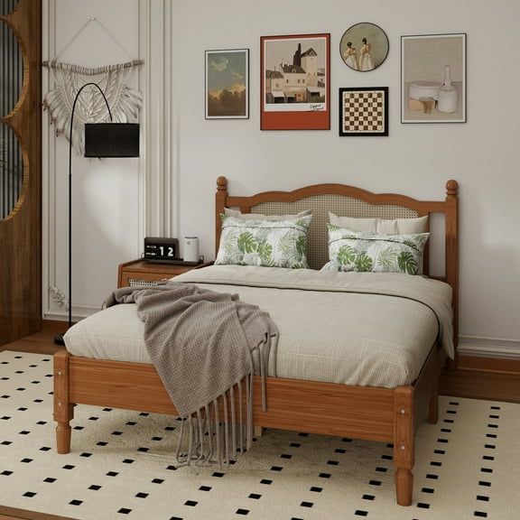 Full Size Wooden Platform Bed with Natural Rattan Headboard, Vintage Bed Frame with Wooden Slat Support, Walnut